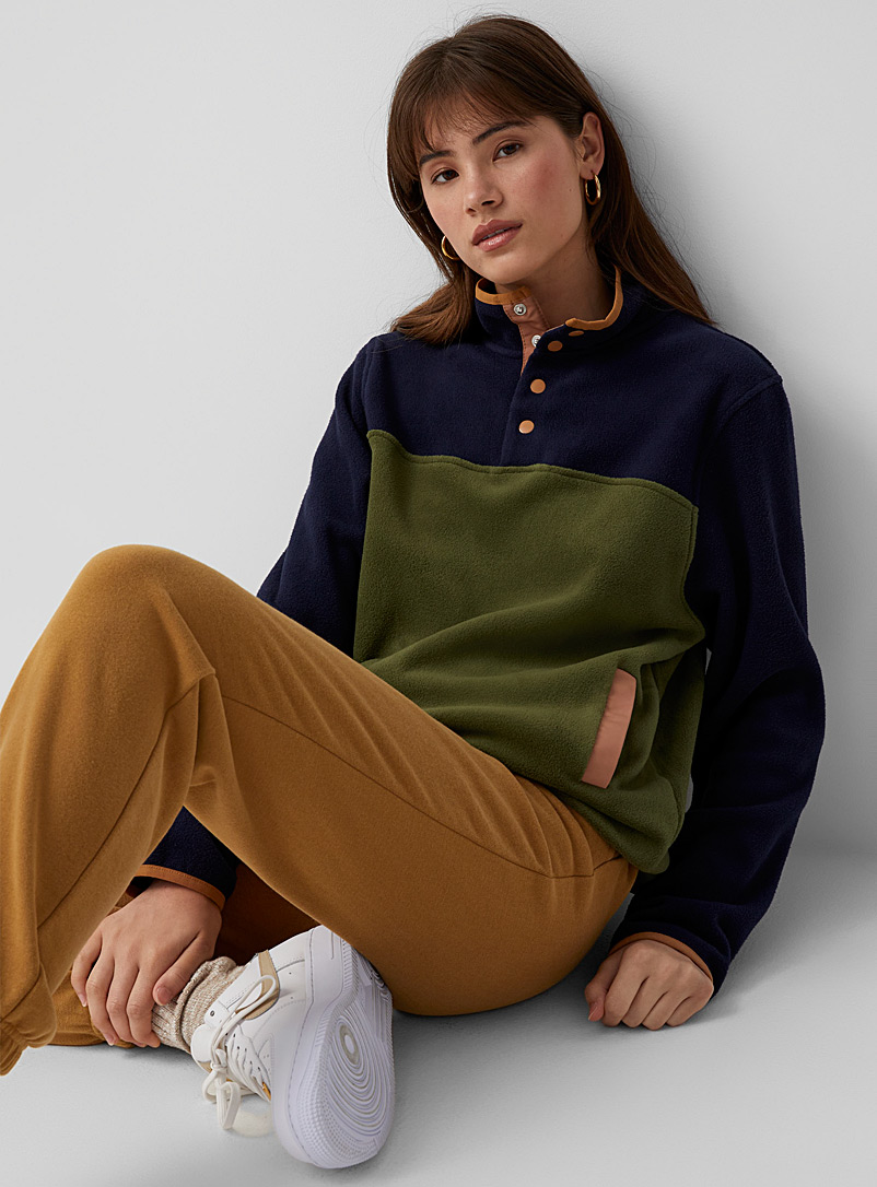 Twik Navy and green Recycled polyester fleece half-button sweatshirt for women