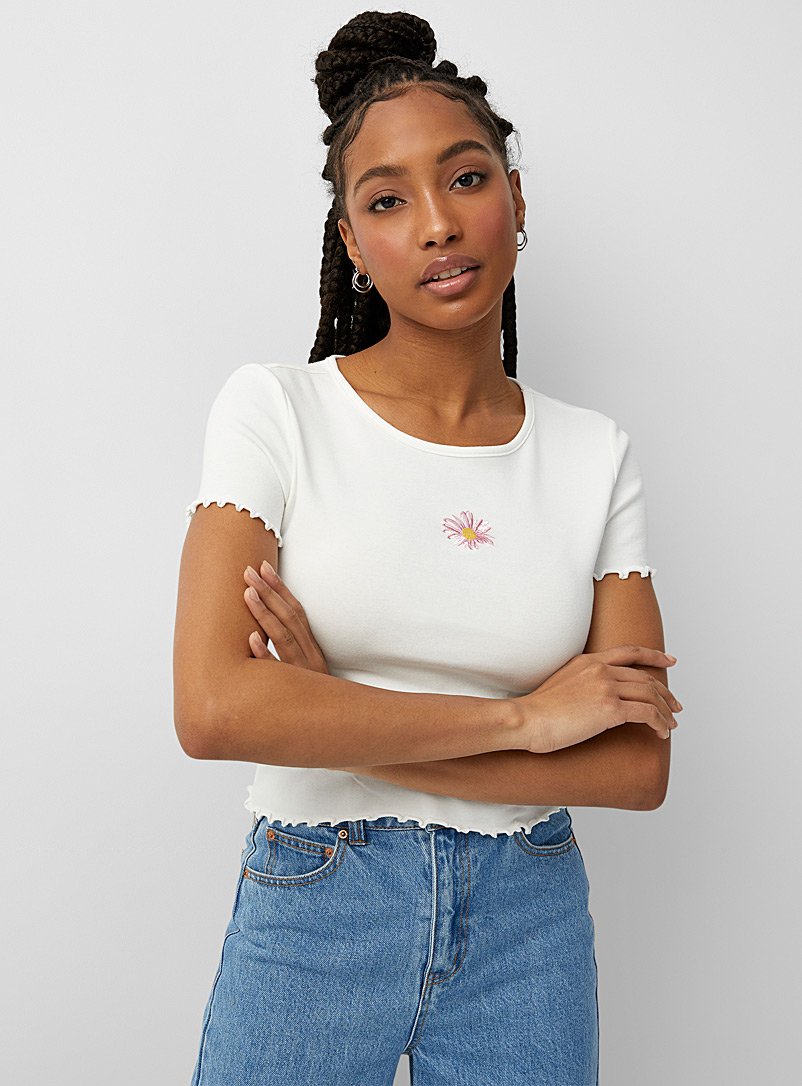 Twik Patterned White Embroidered ruffle tee for women