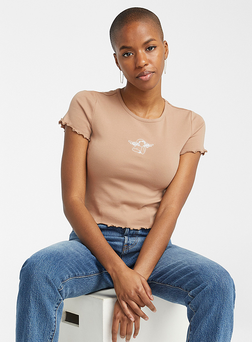 Twik Brown Embroidered ruffle tee for women