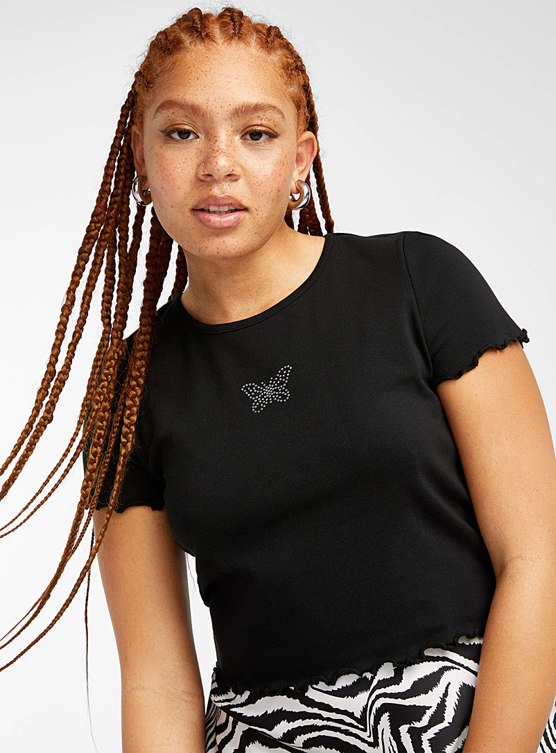 Twik Patterned Black Embroidered ruffle tee for women