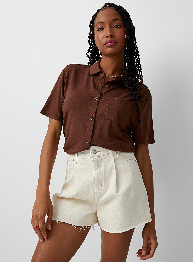 Twik Medium Brown Jersey pocket shirt for women