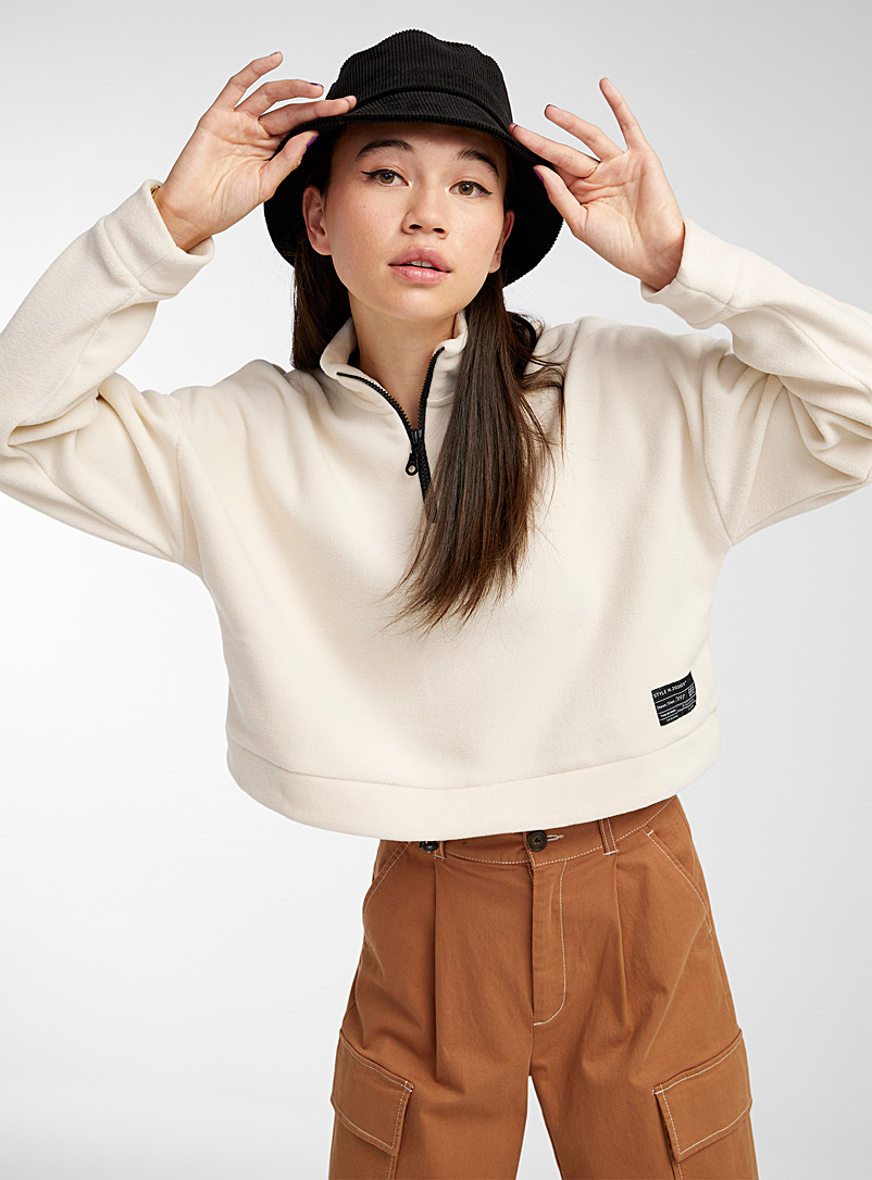 Twik Ivory White Half-zip polar fleece cropped sweatshirt for women