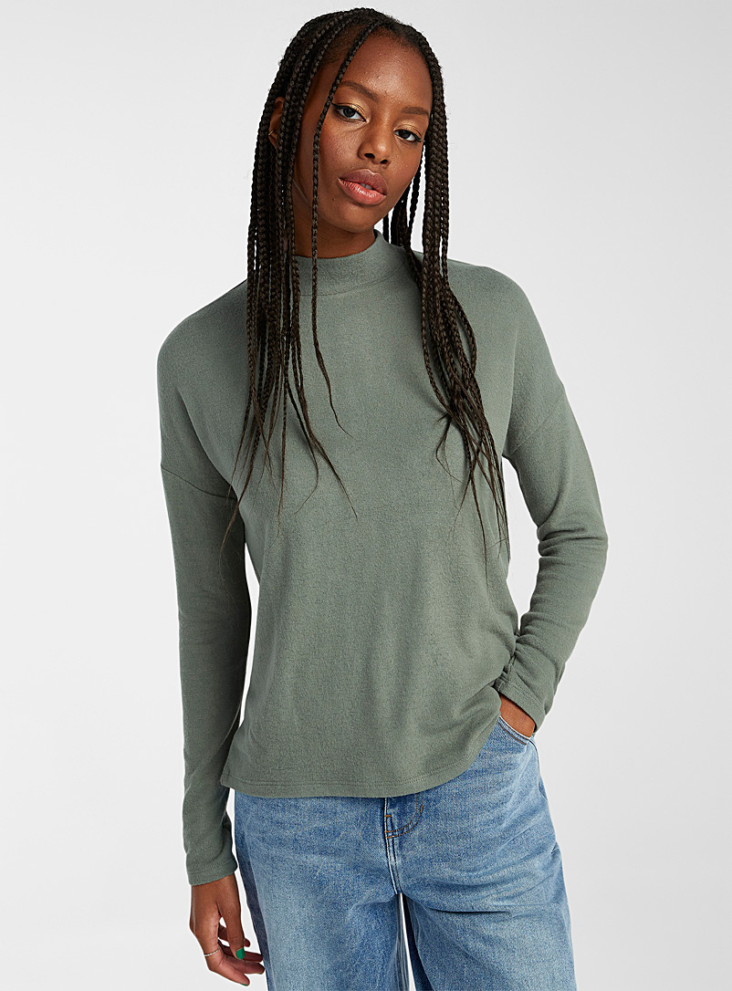 Twik Mossy Green Brushed mock-neck T-shirt for women