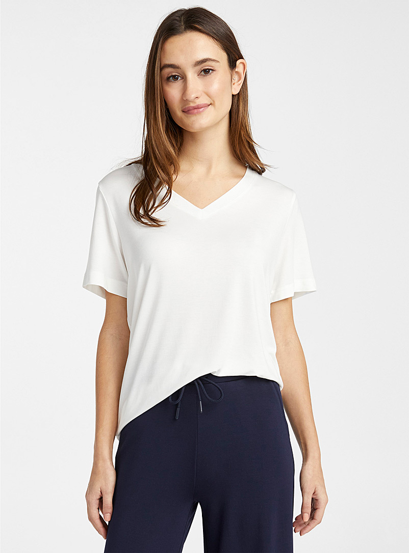 Miiyu Ivory White Modal basic V-neck T-shirt for women