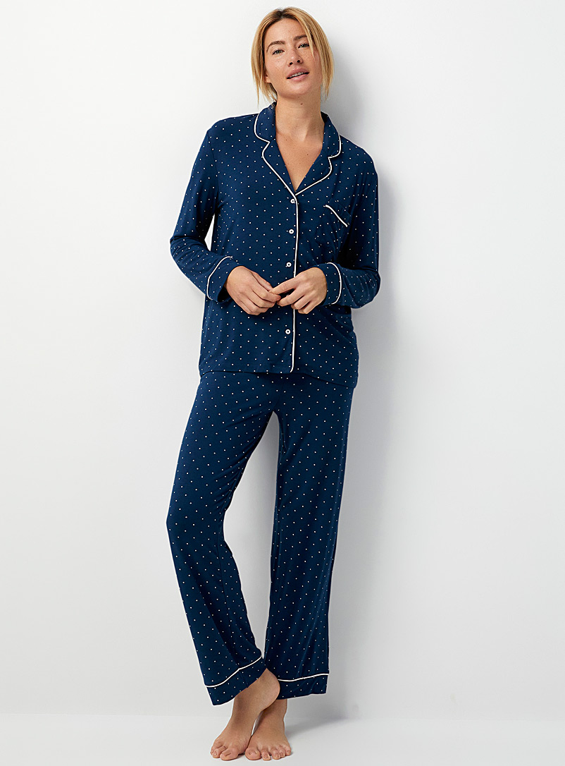 Miiyu Patterned Blue Pattern trim pyjama set for women