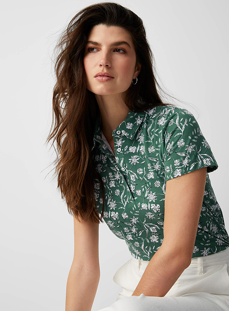 Contemporaine Bottle Green Floral jersey polo for women