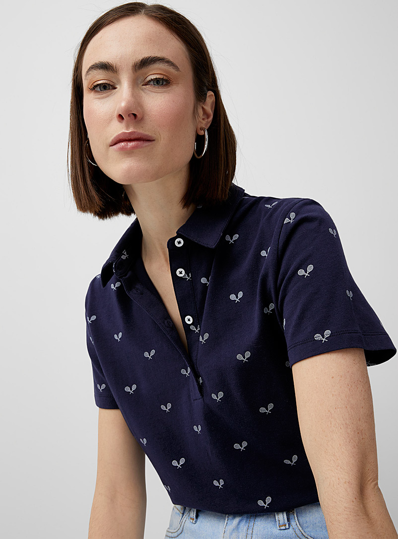 Contemporaine Marine Blue Floral jersey polo for women
