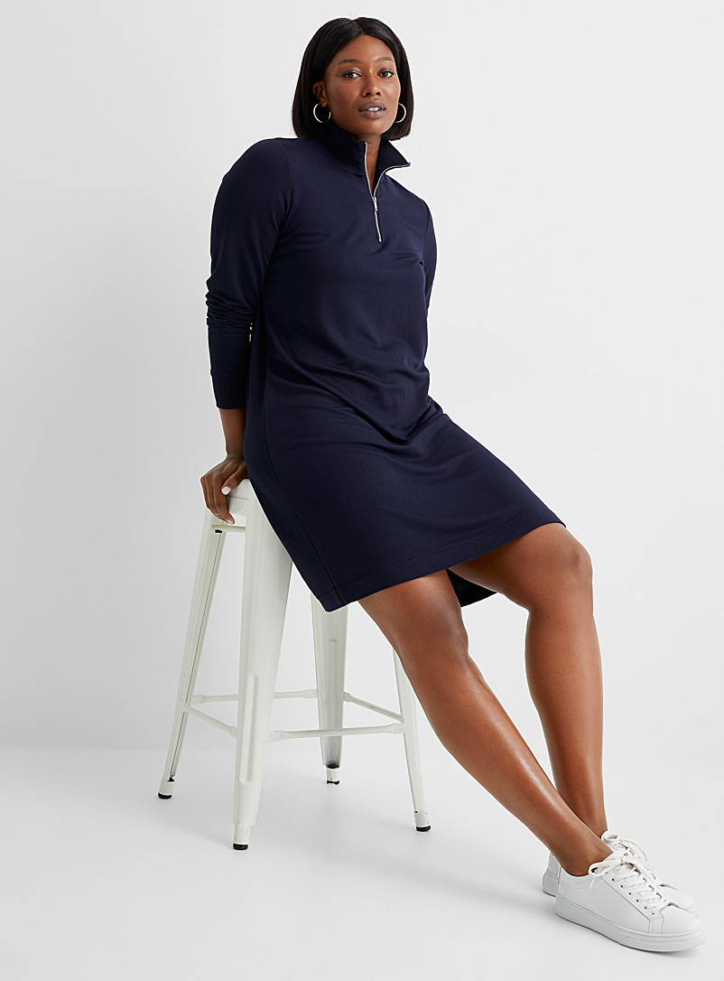 Contemporaine Marine Blue Zip-collar fleece dress for women
