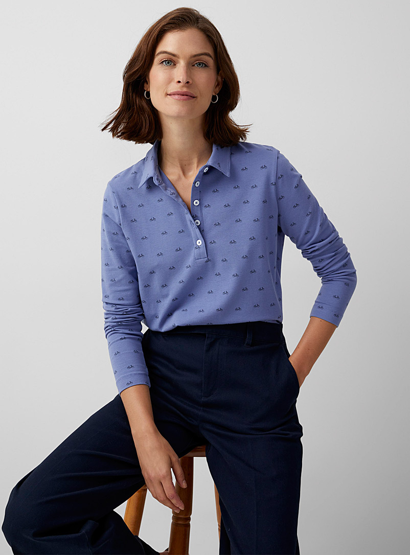 Contemporaine Slate Blue Printed jersey long-sleeve polo for women