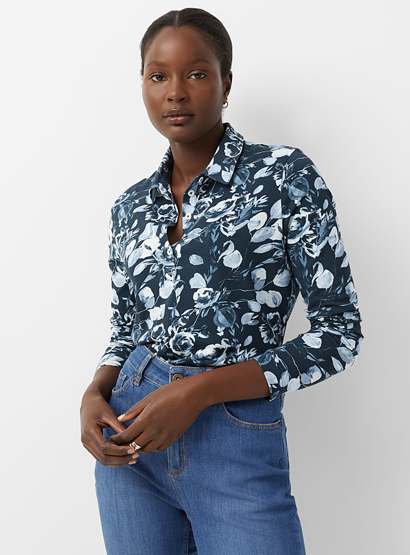 Contemporaine Patterned Blue Printed jersey long-sleeve polo for women