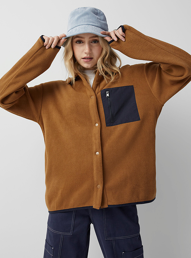 Twik Medium Brown Nylon-pocket polar fleece overshirt for women