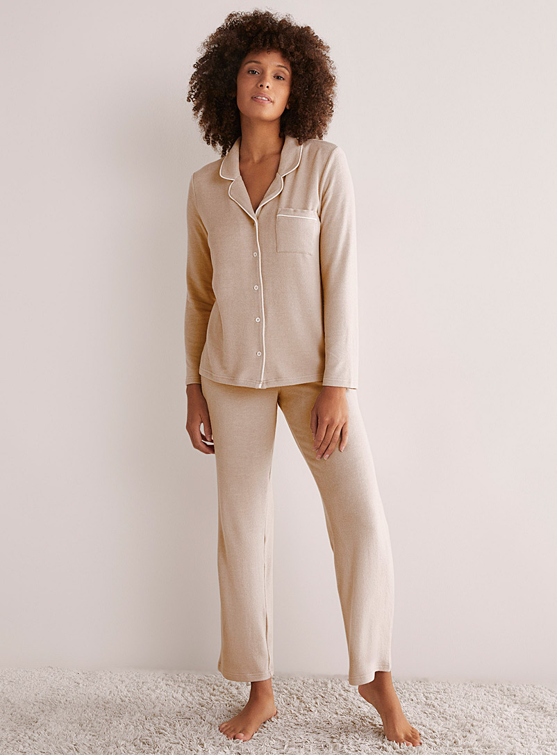 Miiyu Cream Beige Ultra-soft trimmed pyjama set for women