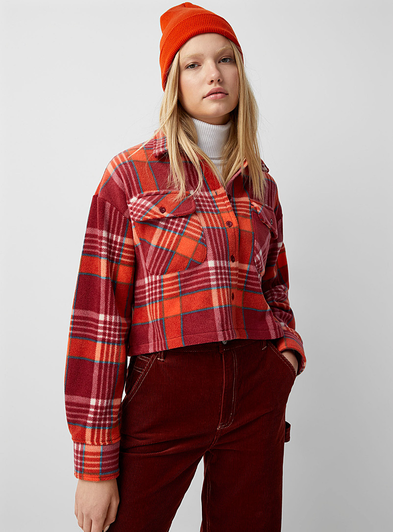 Twik Patterned Red Recycled polar fleece shacket for women