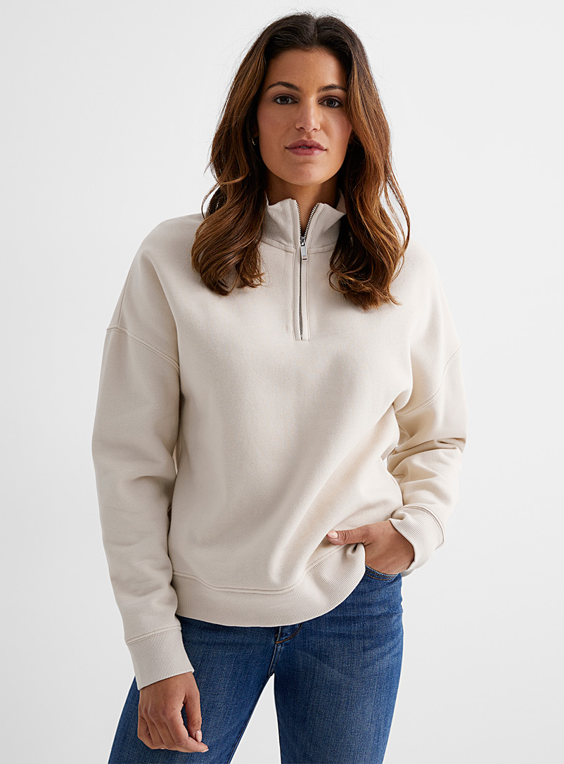 Contemporaine Cream Beige Zip-collar fleece sweatshirt for women