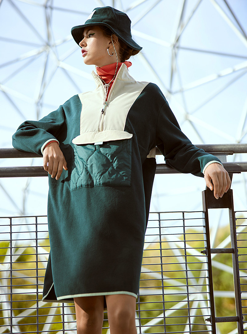 Twik Patterned Green Nylon block polar fleece anorak dress for women