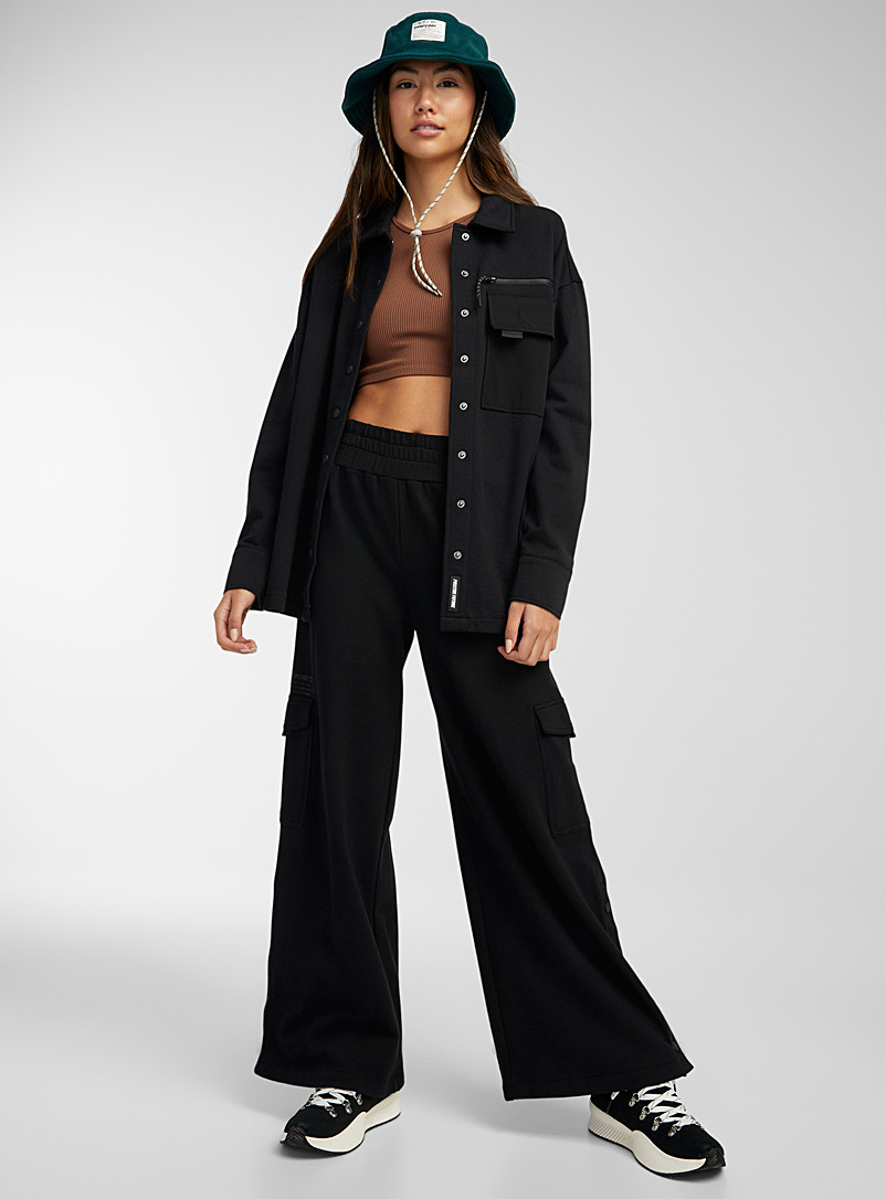 Twik Black Nylon-pocket fleece overshirt for women