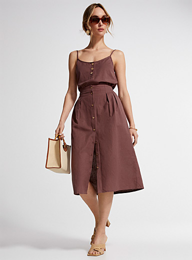 Icône Dark Brown Pleated buttoned midi skirt for women