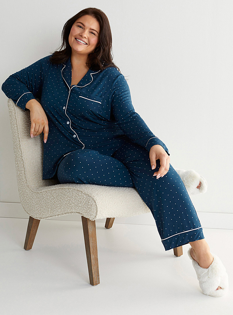 Miiyu: L'ensemble pyjama liséré en modal Taille plus Bleu à motifs pour femme