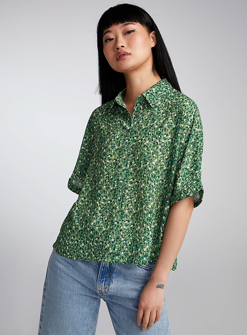 Twik: La chemise imprimée polyester recyclé Kaki chartreuse pour femme