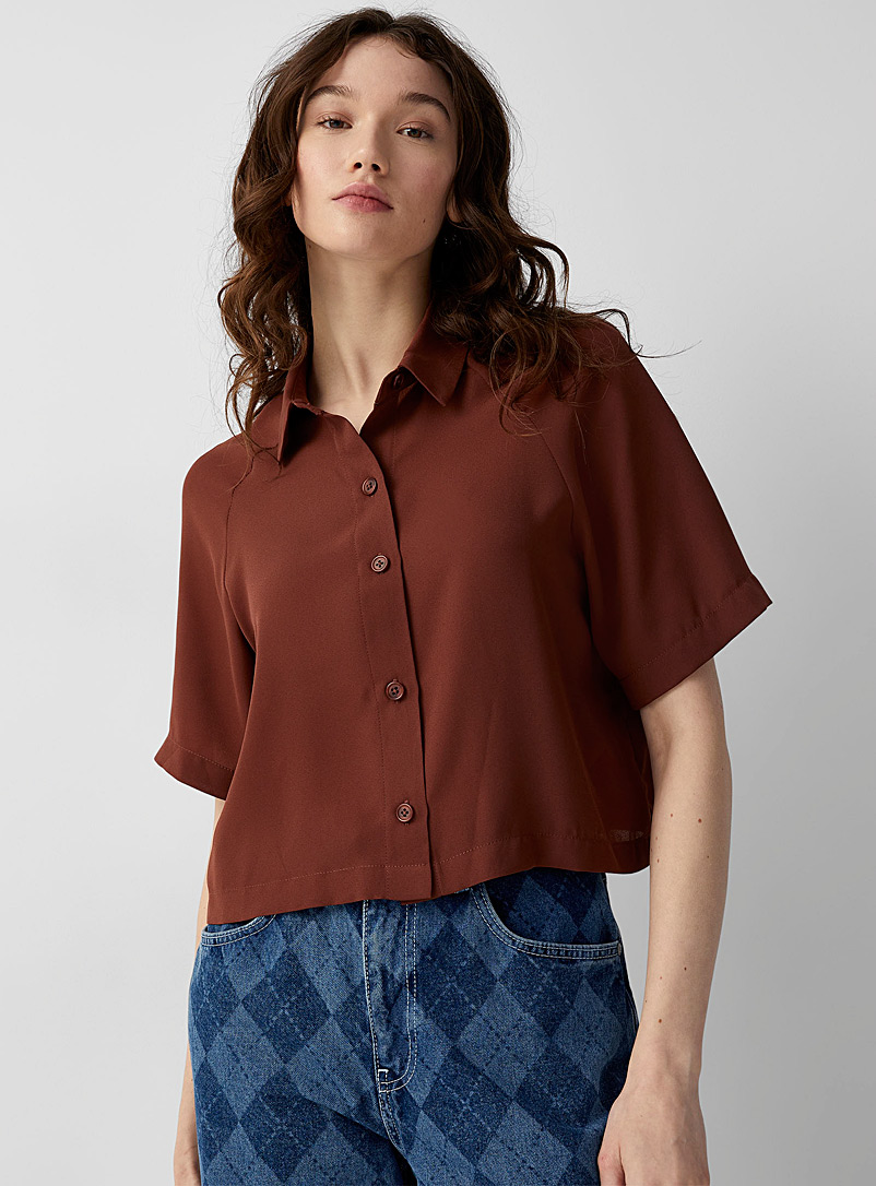 Twik Medium Brown Raglan crepe loose shirt for women