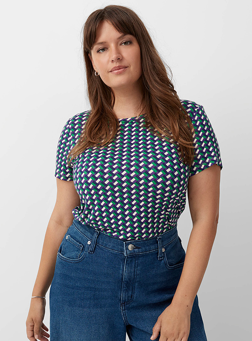 Contemporaine: Le t-shirt col rond imprimé unique Bleu foncé pour femme