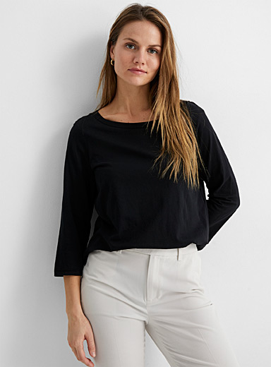 T-shirt en coton à manches Check (Noir) - Femme