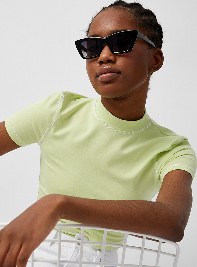 Twik Lime Green Accent-seam mock-neck tee for women