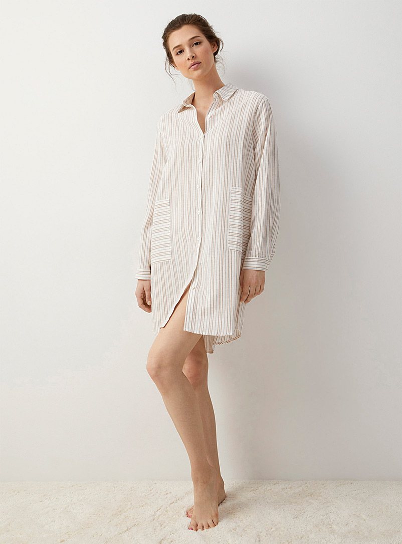 Miiyu Patterned Ecru Striped linen nightshirt for women