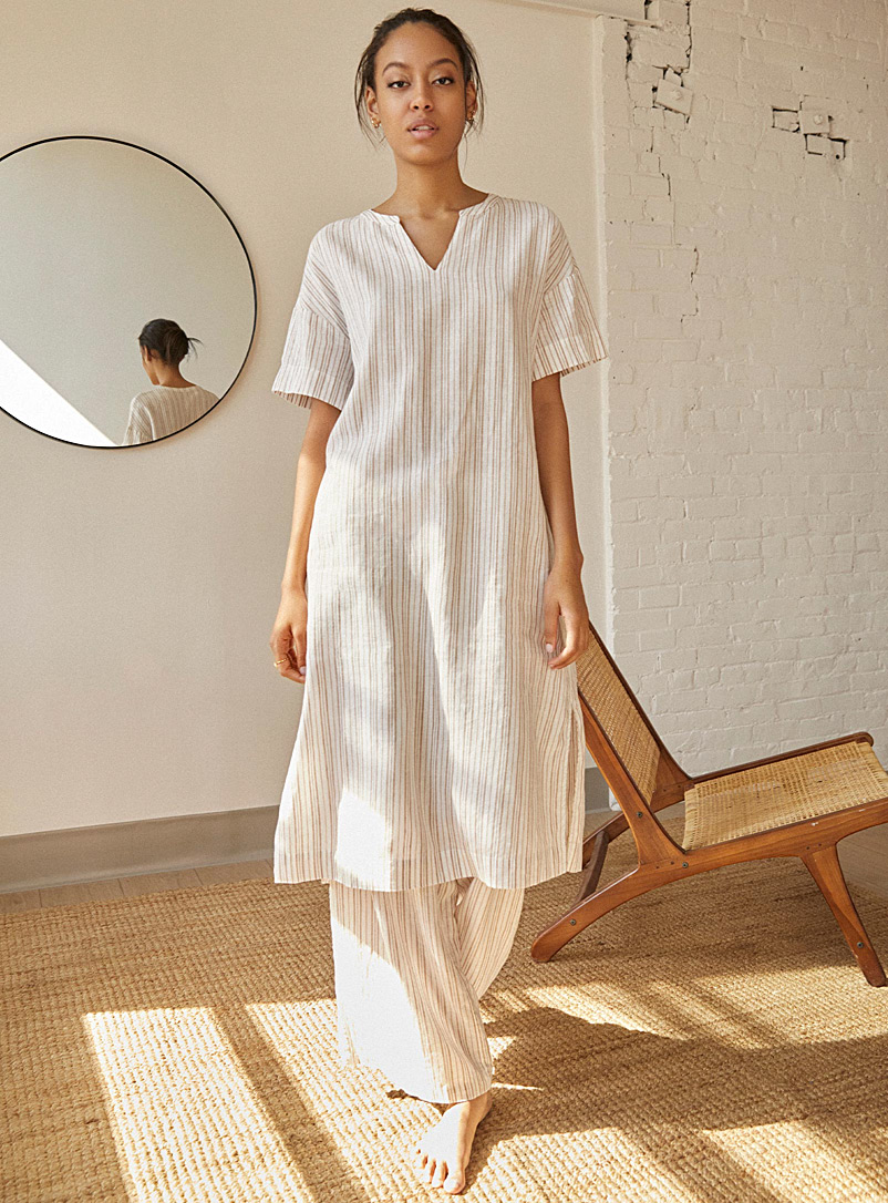Miiyu Patterned Ecru Striped linen nightgown for women