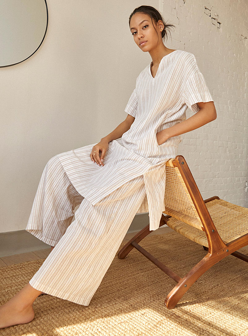 Miiyu Patterned Ecru Striped linen lounge pant for women