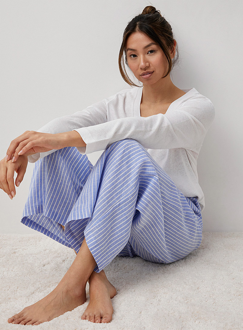 Miiyu Patterned Blue Striped linen lounge pant for women