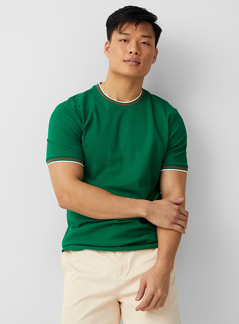 Le 31 Green Striped trim textured T-shirt for men