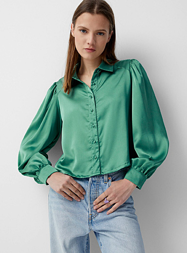 Twik Lime Green Puff sleeves satin shirt for women