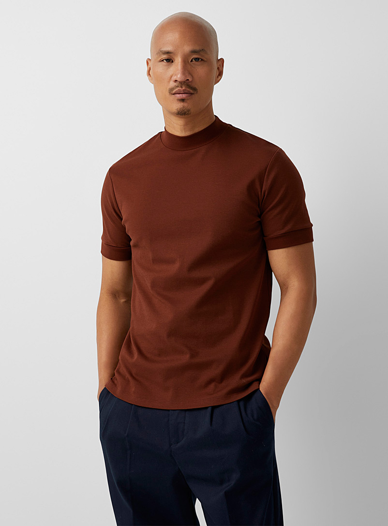 Le 31 Brown Mercerized cotton mock-neck T-shirt for men
