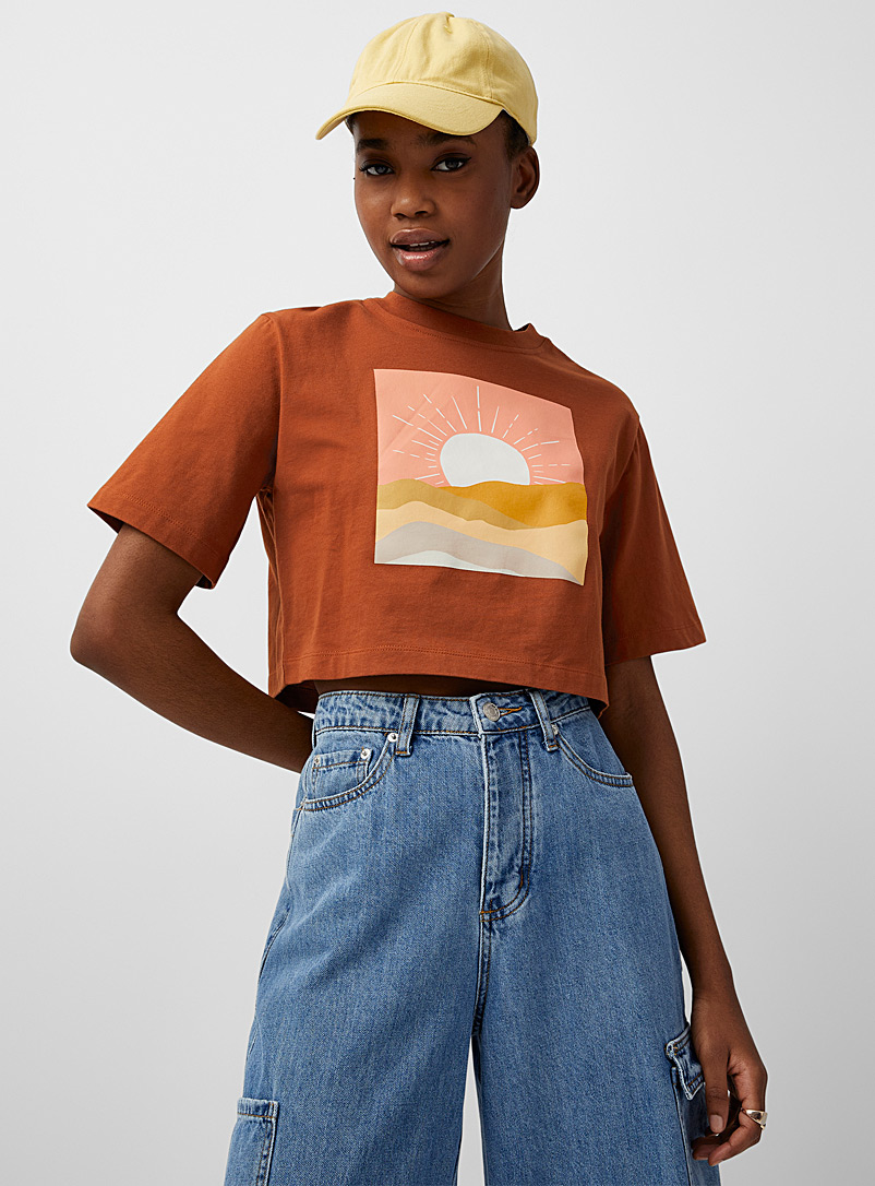 Twik Patterned Orange Graphic print cropped tee for women