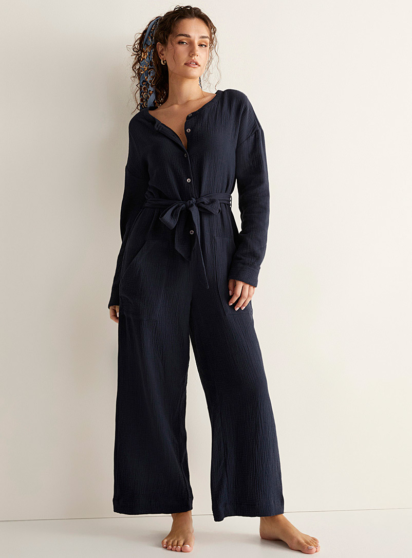 Simons Marine Blue Textured cotton jumpsuit for women