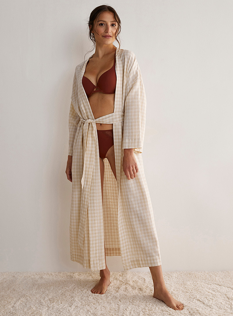 Miiyu Patterned Ecru Summery linen robe for women