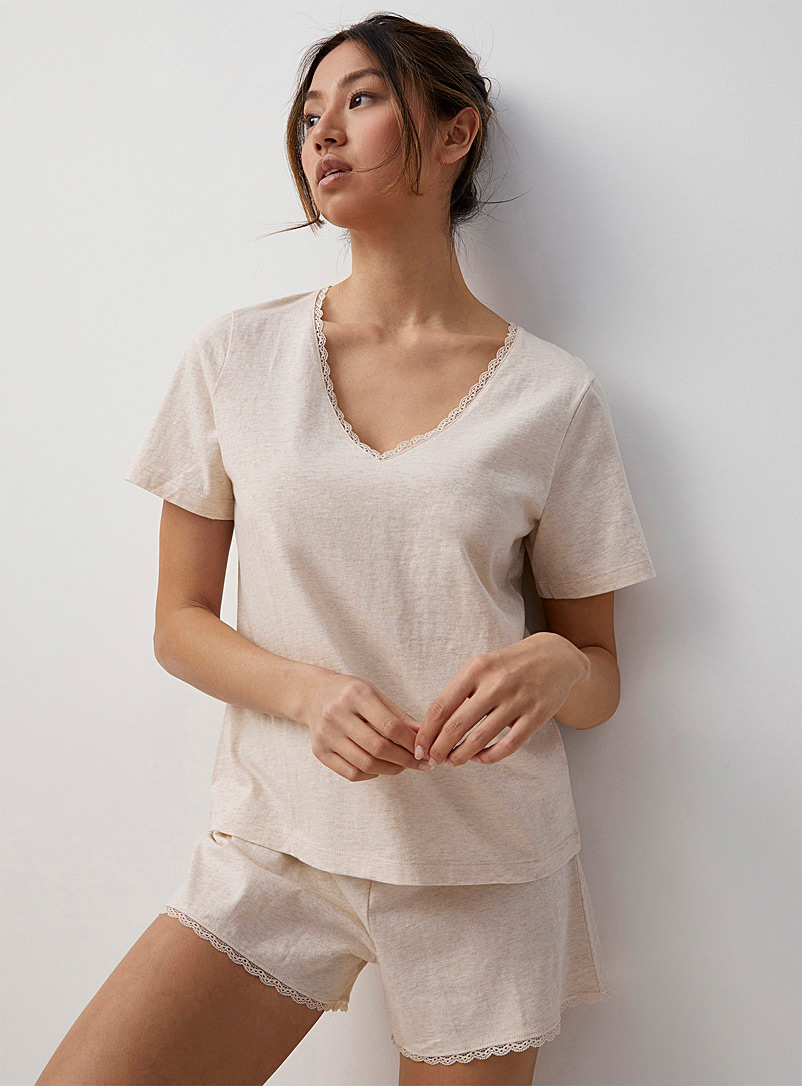 Miiyu: L'ensemble pyjama court bordure festonnée Avoine pour femme