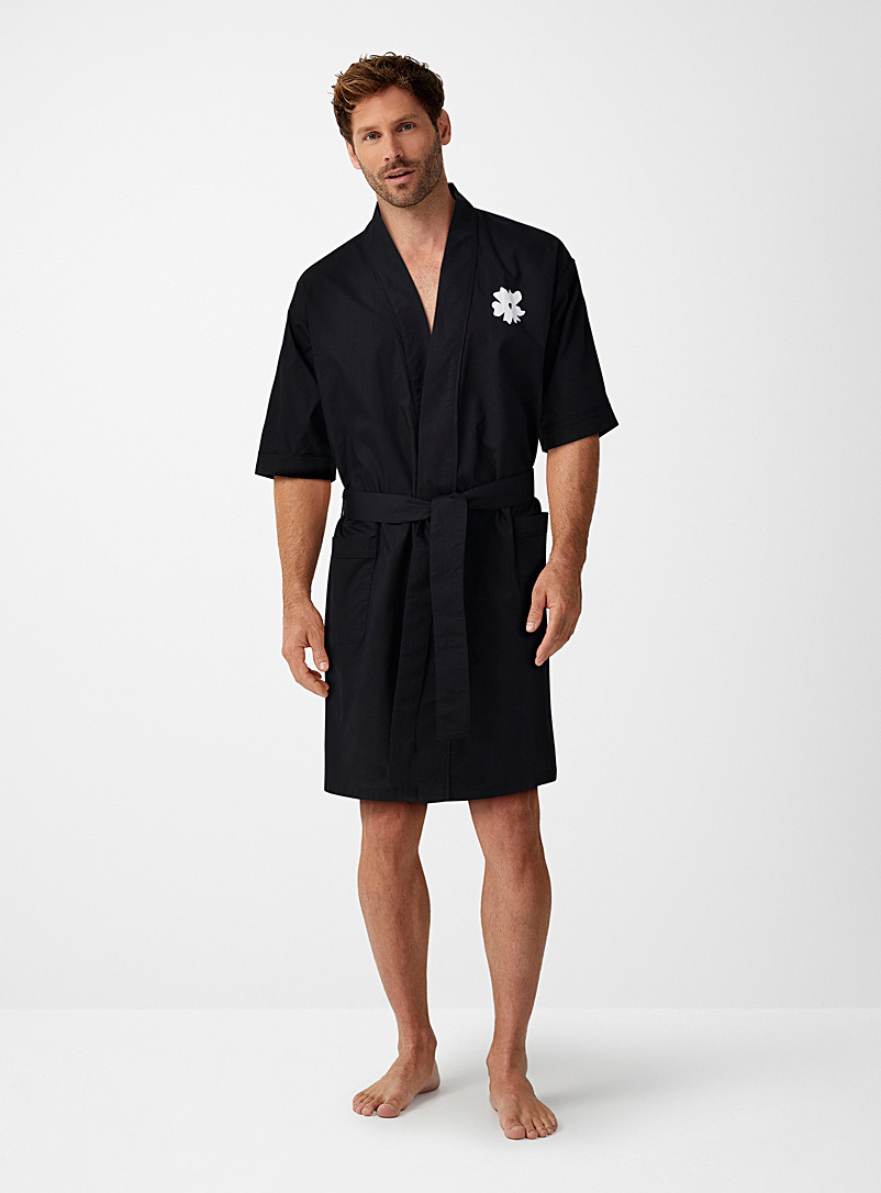Le 31 Patterned Black Patterned poplin robe for men