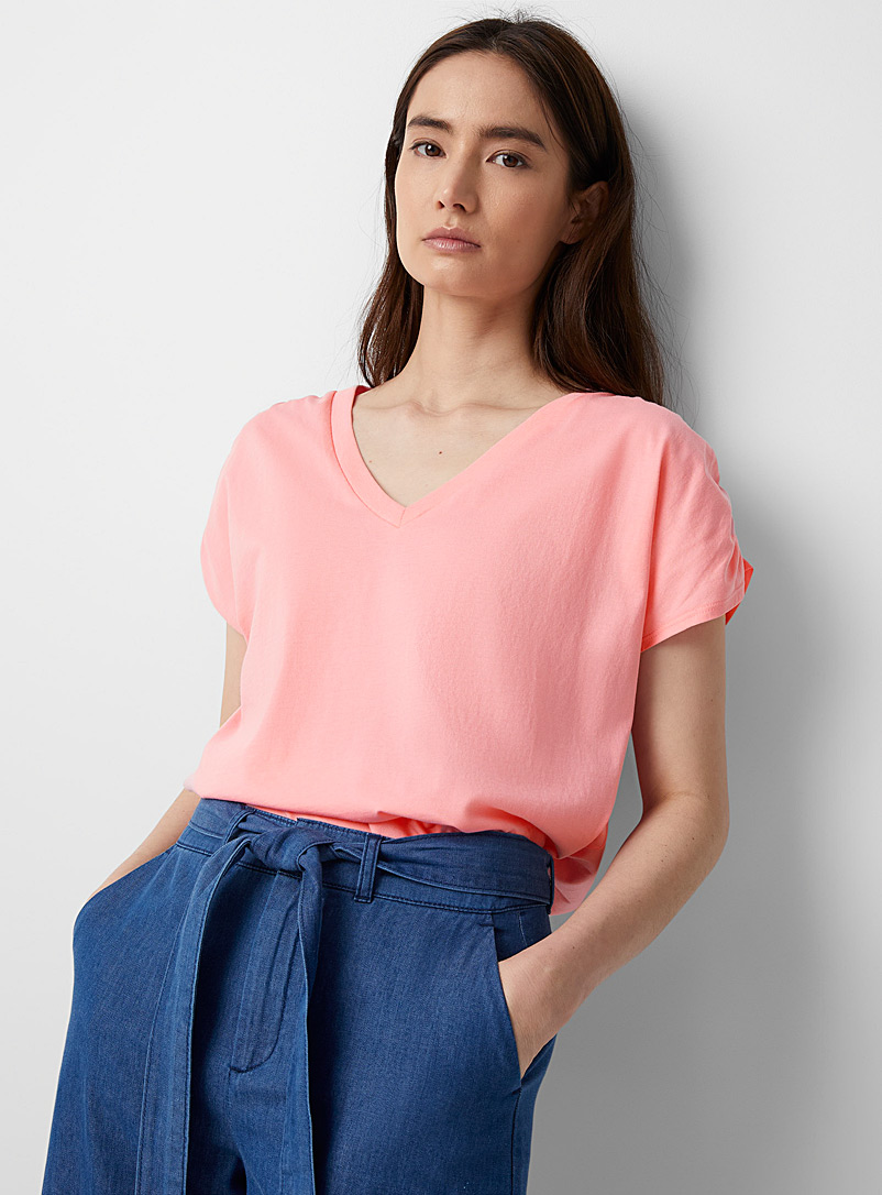 Contemporaine Pink Gathered-sleeve V-neck tee for women