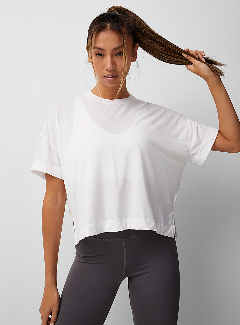 I.FIV5 White Rolled-sleeve ultra-soft cropped tee for women