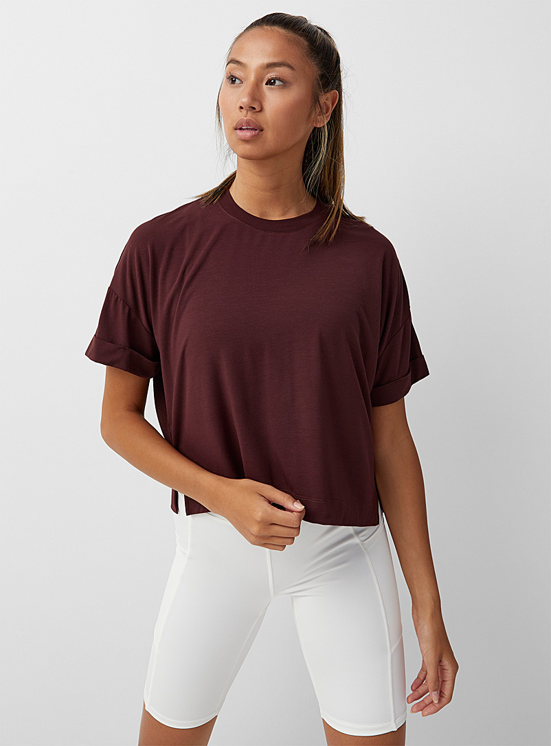 I.FIV5 Dark Brown Rolled-sleeve ultra-soft cropped tee for women