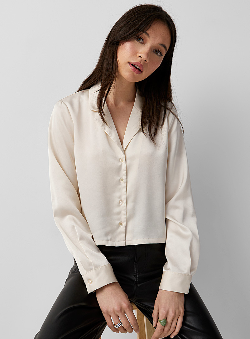 Twik Cream Beige Satiny open-collar boxy-fit shirt for women