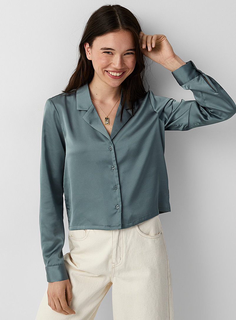 Twik Slate Blue Satiny open-collar boxy-fit shirt for women