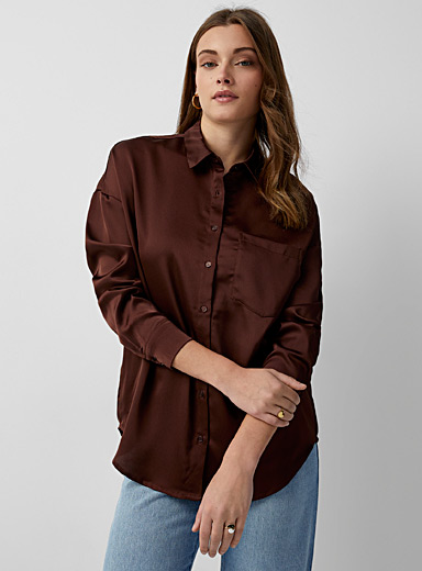 Twik Dark Brown Loose pocket satin shirt for women