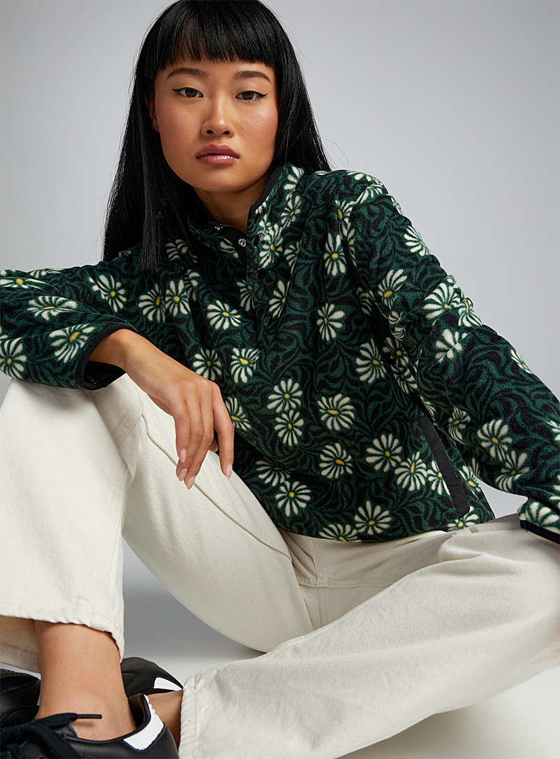 Twik Mossy Green Printed polar fleece half-buttoned sweatshirt for women