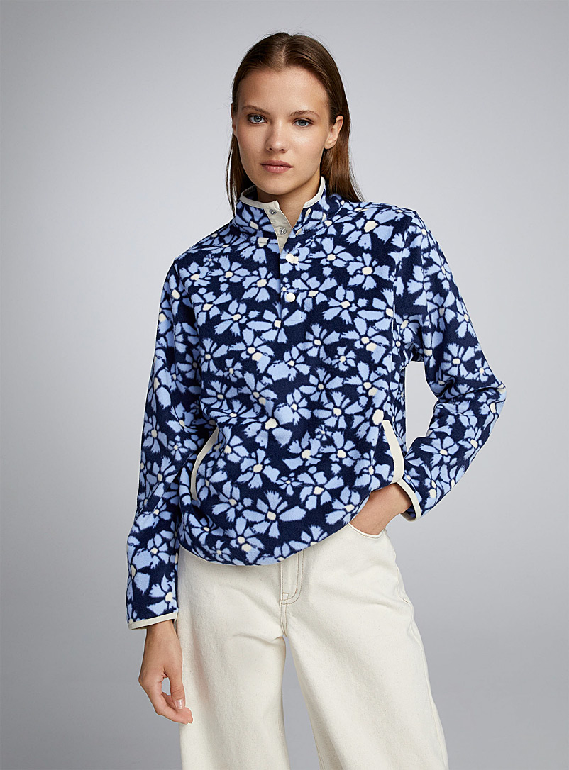 Twik Blue Printed polar fleece half-buttoned sweatshirt for women