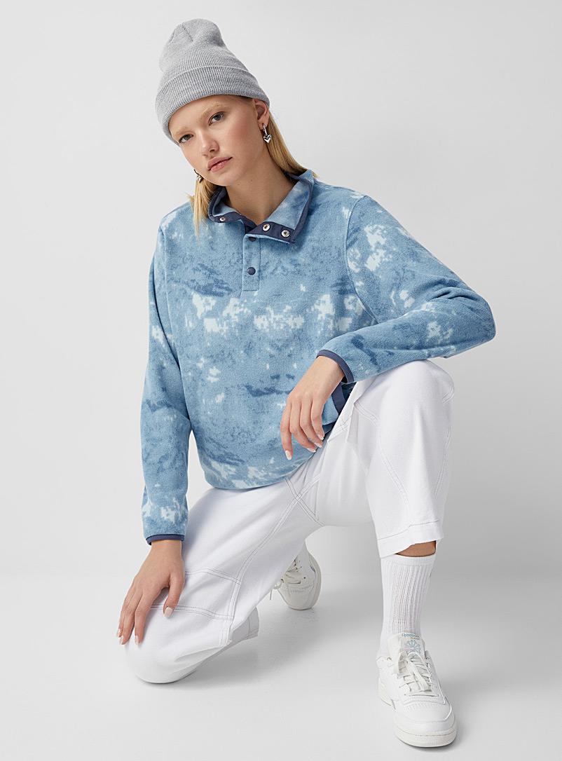 Twik Patterned Blue Printed polar fleece half-buttoned sweatshirt for women