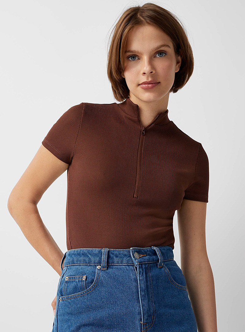 Twik Medium Brown Zippered mock-neck bodysuit for women