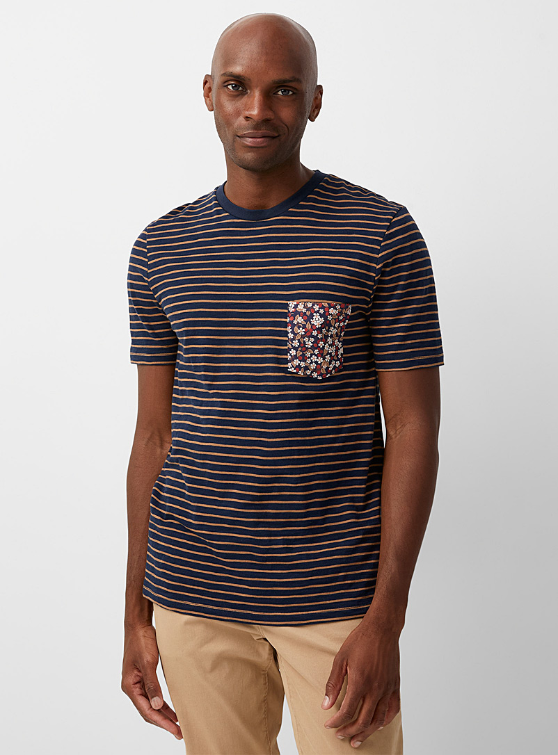 Le 31 Marine Blue Floral pocket striped T-shirt Made with Liberty Fabric for men